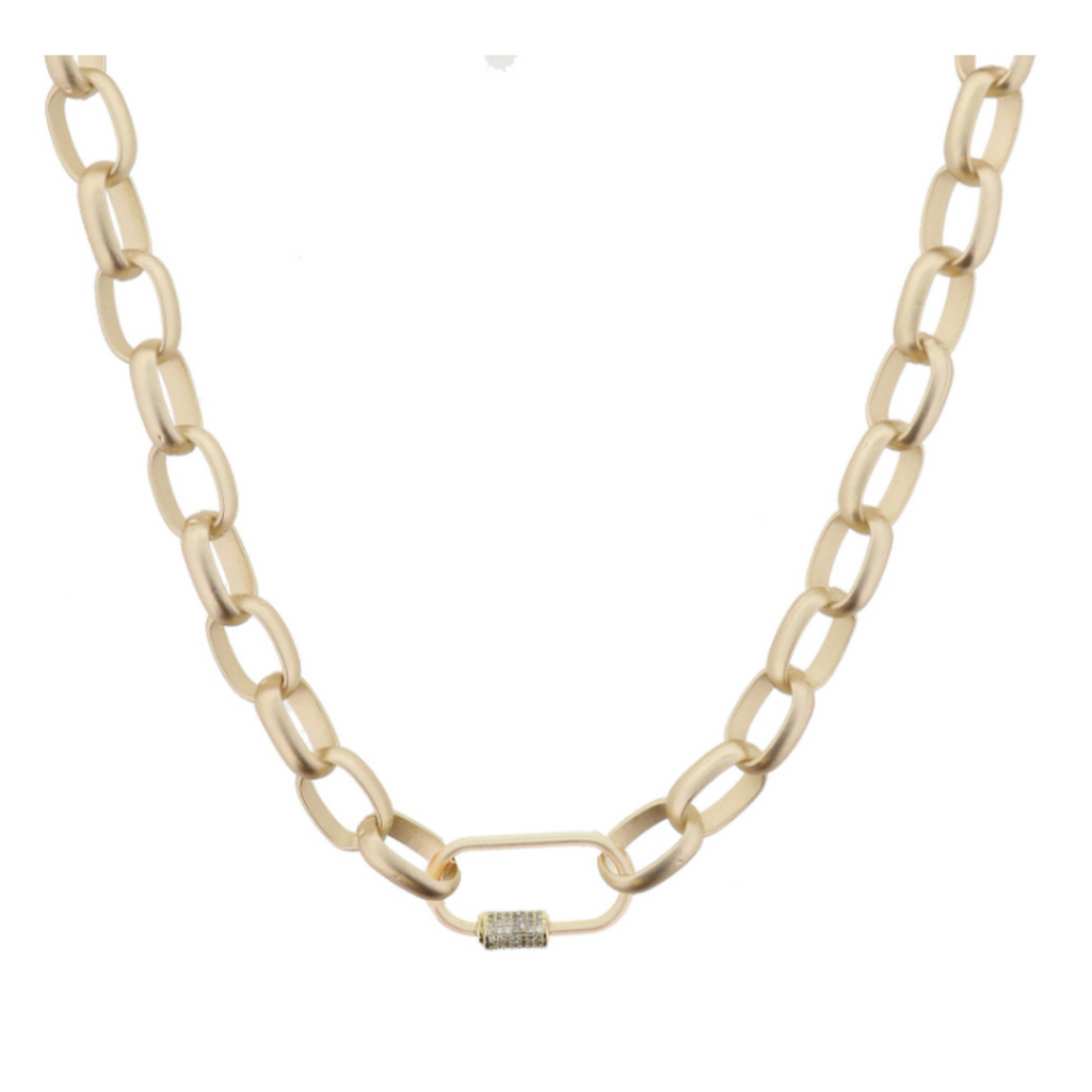 Matte Gold Chunky Link Chain with Crystal Accented Carabiner Necklace