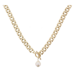 Matte Gold Presidential Chain with Toggle and Drop Pearl Necklace