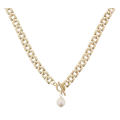 Matte Gold Presidential Chain with Toggle and Drop Pearl Necklace
