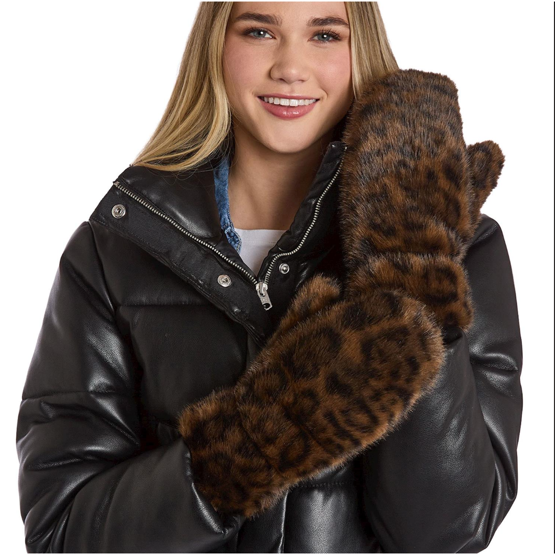 Model with Brown Leopard Mittens