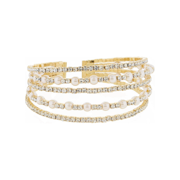 Multi Stacked Mini Pave Crystal with Heart Accents Gold Cuff Adjustable Bracelet