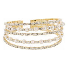 Multi Stacked Mini Pave Crystal with Pearl Accents Gold Cuff Adjustable Bracelet