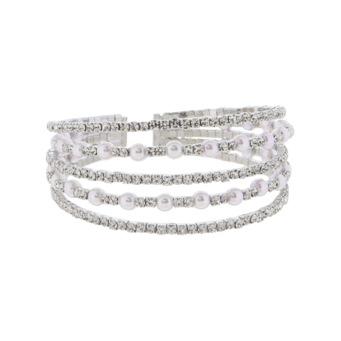 Multi Stacked Mini Pave Crystal with Pearl Accents Silver Cuff Adjustable Bracelet