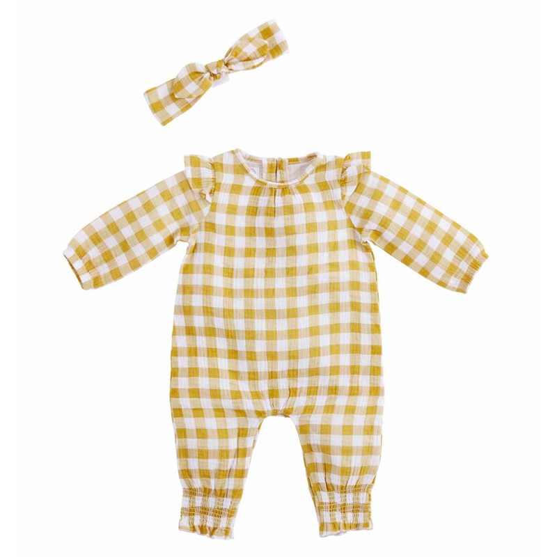 Mustard Gingham One-Piece & Headband Set