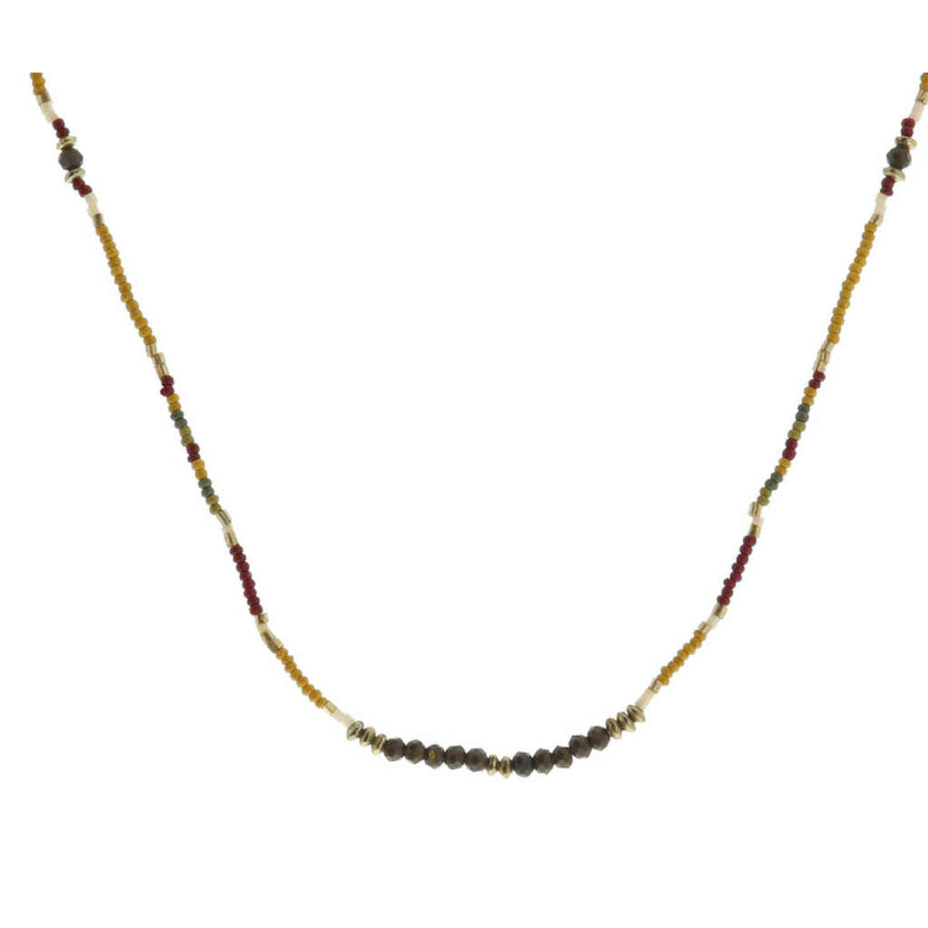 Mustard, Green Olive, Red, Gold Beaded Necklace