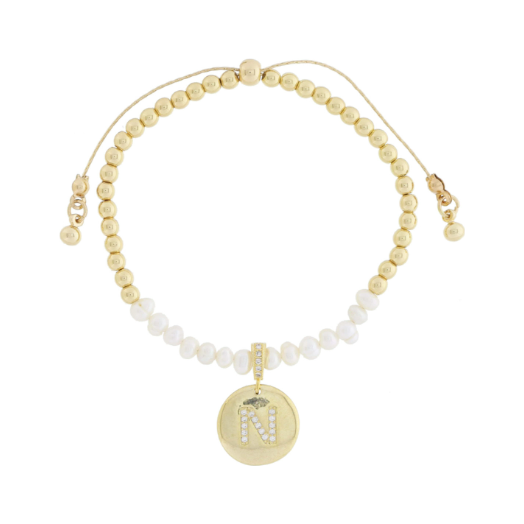 Freshwater Pearl and Crystal Loop with Pave Crystal "N" Disc Bracelet 