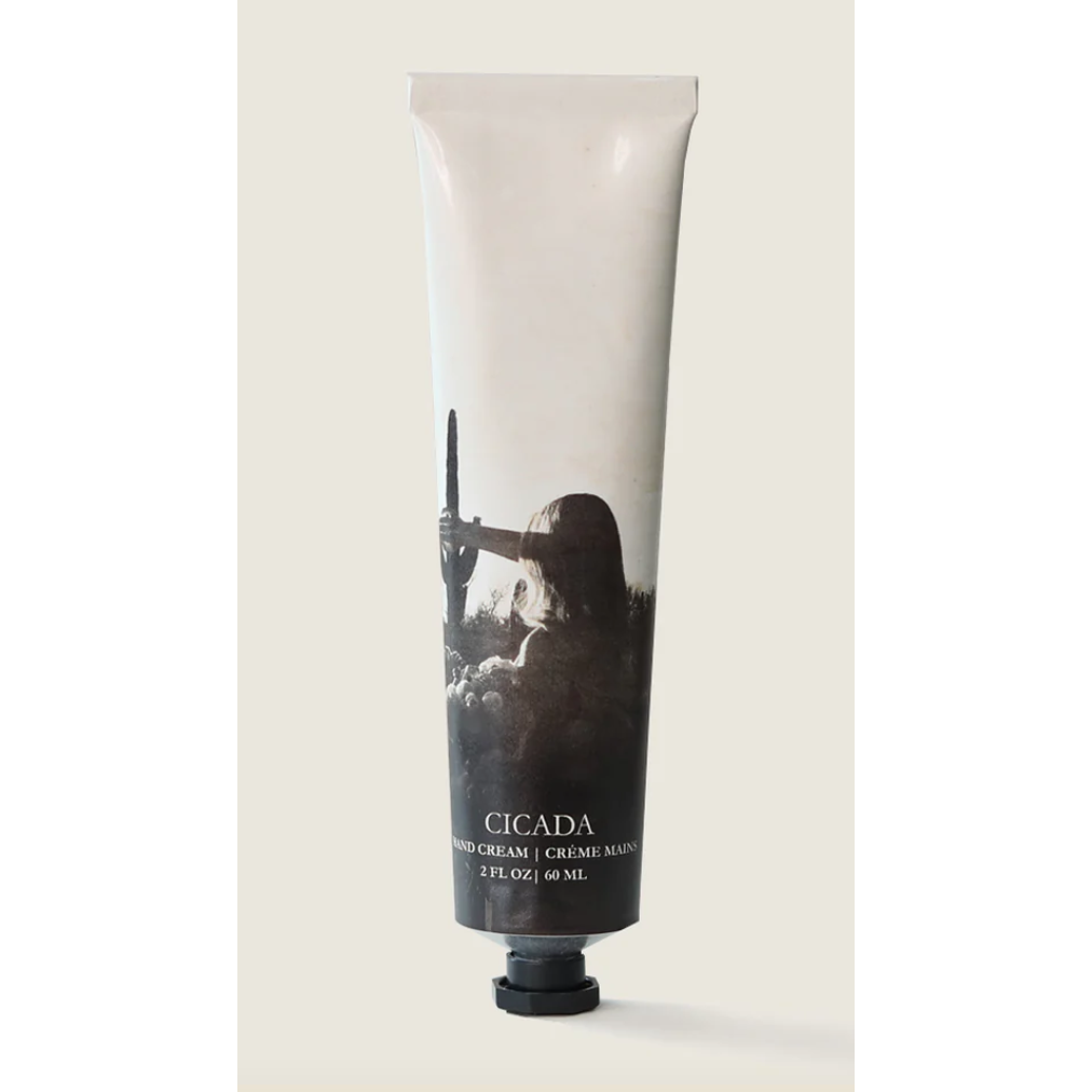 Tube of Cicada hand cream on a beige background