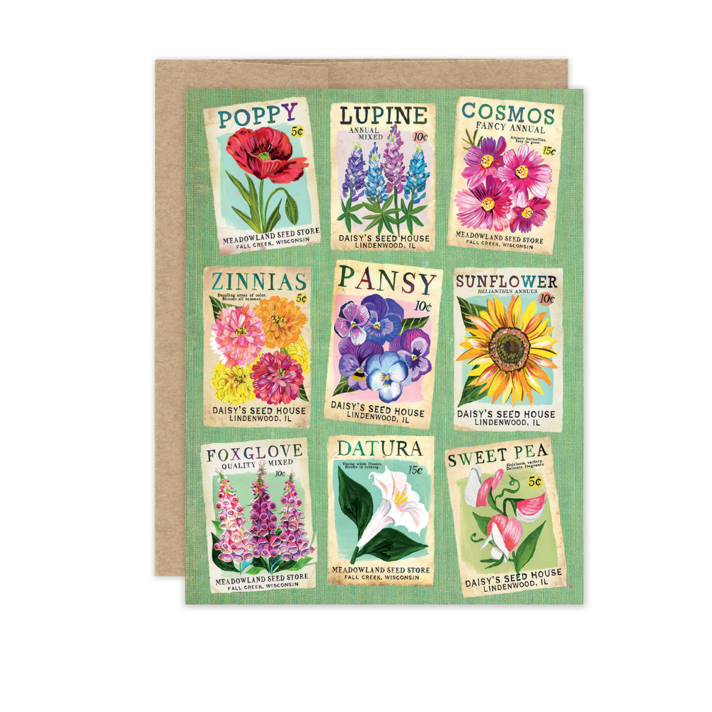 Set of seed packet designs with various flowers on a green background
