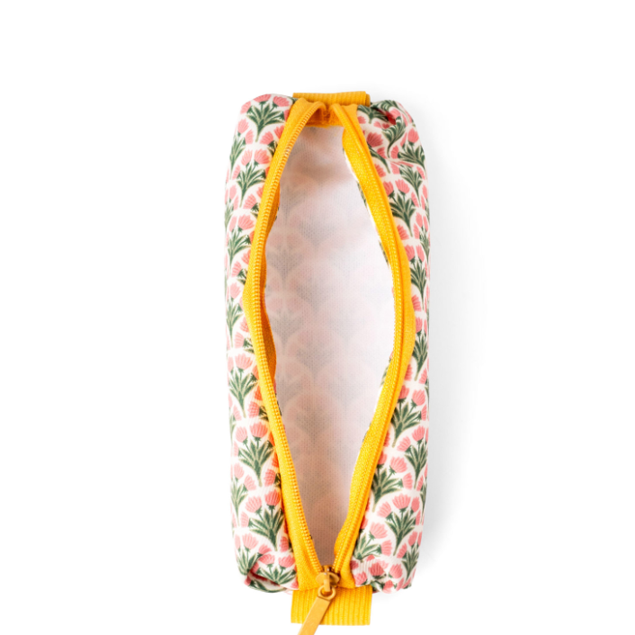A zippered fabric pouch with a pink and green floral print, shown open to reveal a light pink interior lining and a bright yellow zipper.