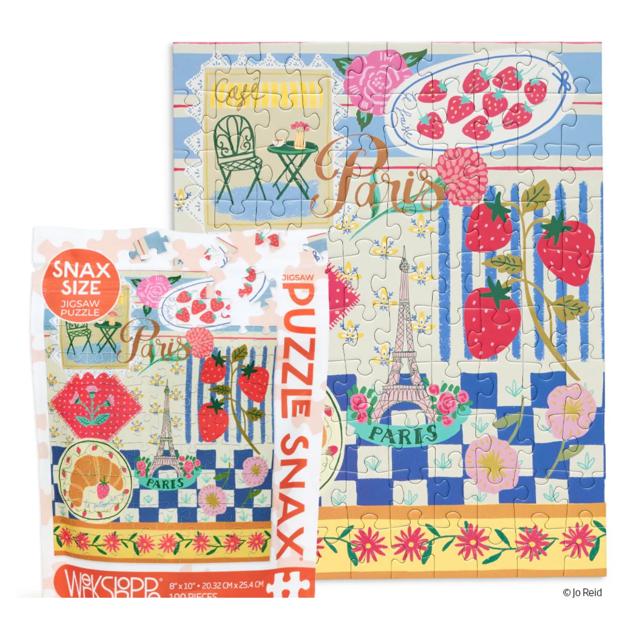 Paris-themed puzzle with colorful design featuring strawberries, flowers, and the Eiffel Tower.