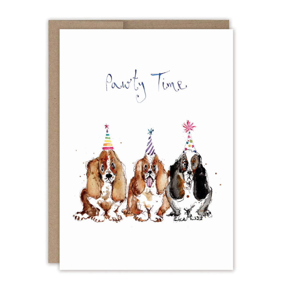 Greeting card with illustration of four dogs wearing party hats and the text 'Pawty Time' on a white background.
