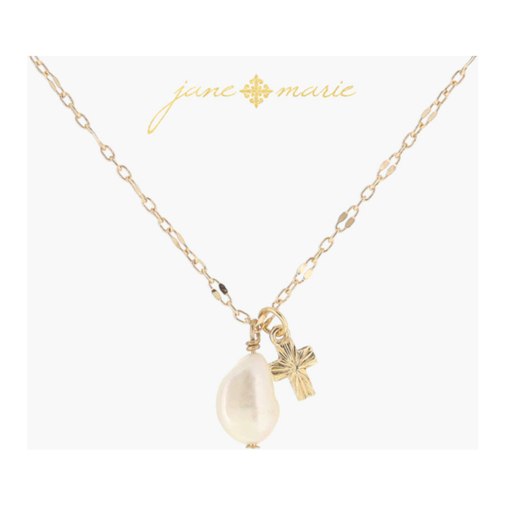 Pearl Drop Starburst Textured Gold Cross Necklace