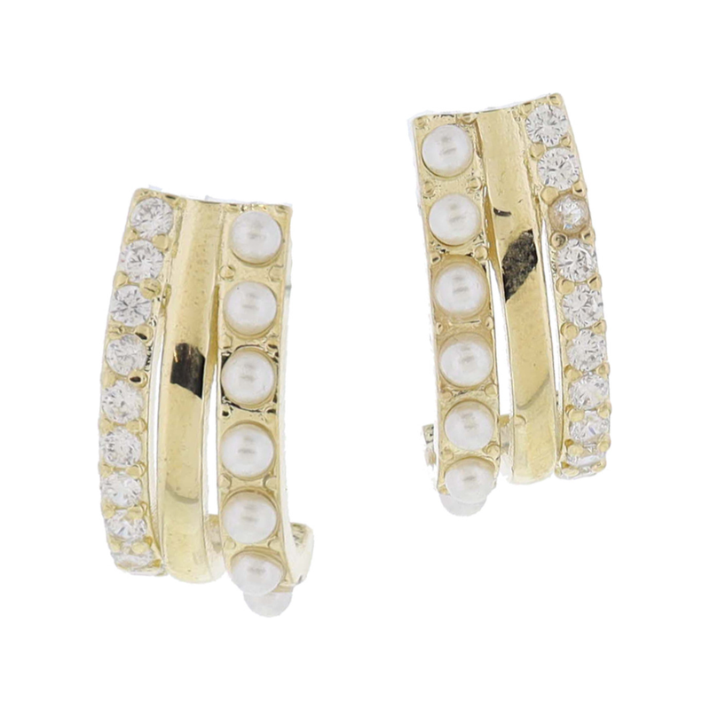 Gold Pearl Trio Elongated J-Hoop Earrings