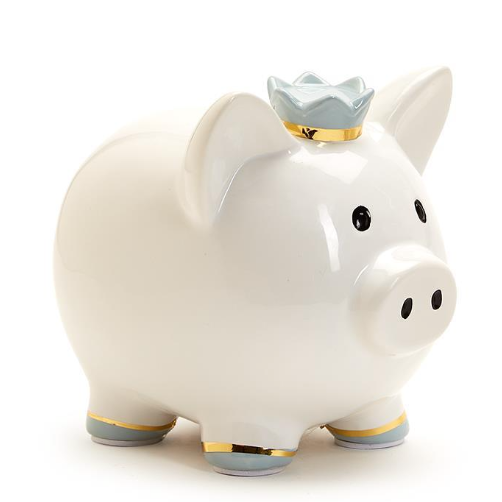 White piggy bank with decorative crown on a white background