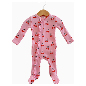 Pink Cherries Organic Waffle Ruffle Zip Footie