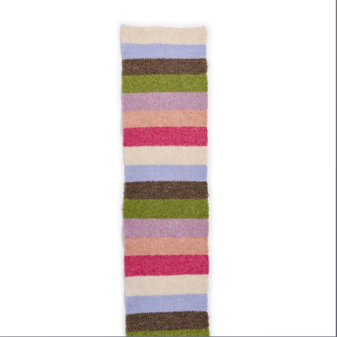 A long, narrow striped knit or woven textile sample with horizontal bands of cream, light blue, brown, green, lavender, peach, and pink on a plain white background.