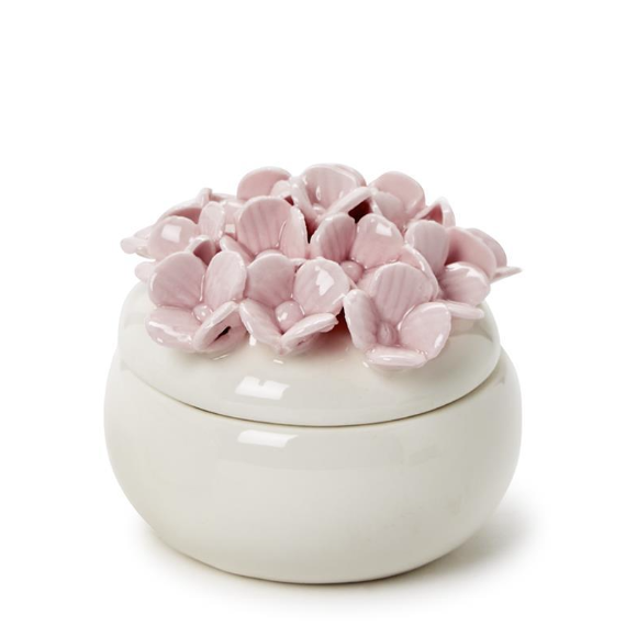 Ceramic jar with pink floral lid on a white background