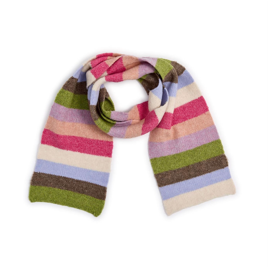 A multicolor striped knit scarf with horizontal bands of pink, green, brown, light blue, beige, and white, arranged in a loop on a plain white background.