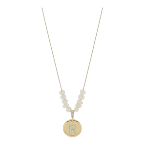 Freshwater Pearl and Crystal Loop with "R" Initial Gold Necklace 