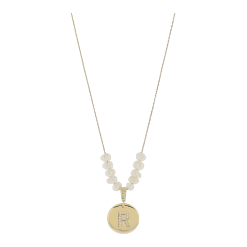 Freshwater Pearl and Crystal Loop with "R" Initial Gold Necklace 