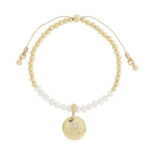 Freshwater Pearl and Crystal Loop with Pave Crystal "R" Disc Bracelet 