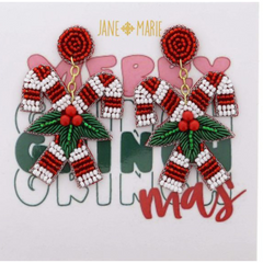 Red Beaded Post with Candy Canes and Holly Dangle Earrings
