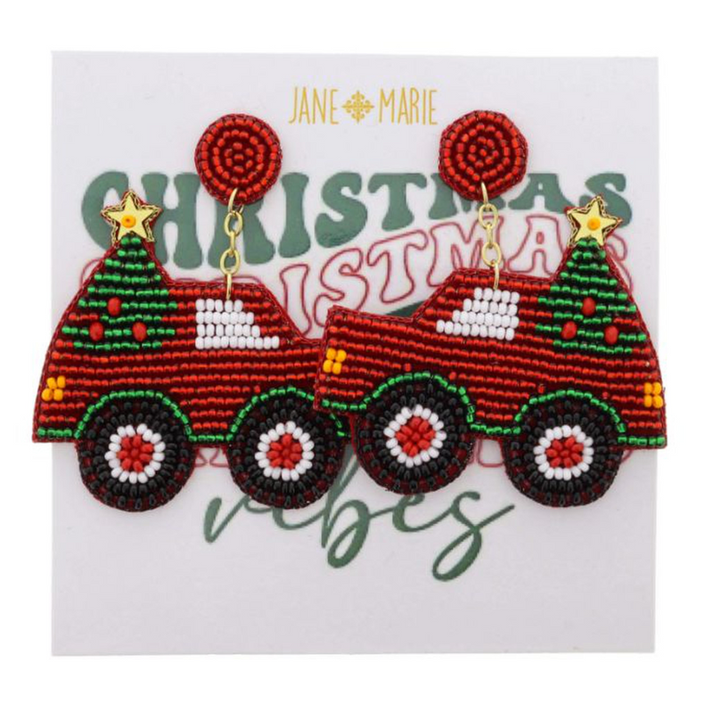 Red Beaded Post with Multi. Beaded Red Christmas Truck Earrings