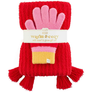 Red Color Block Glove and Scarf Set