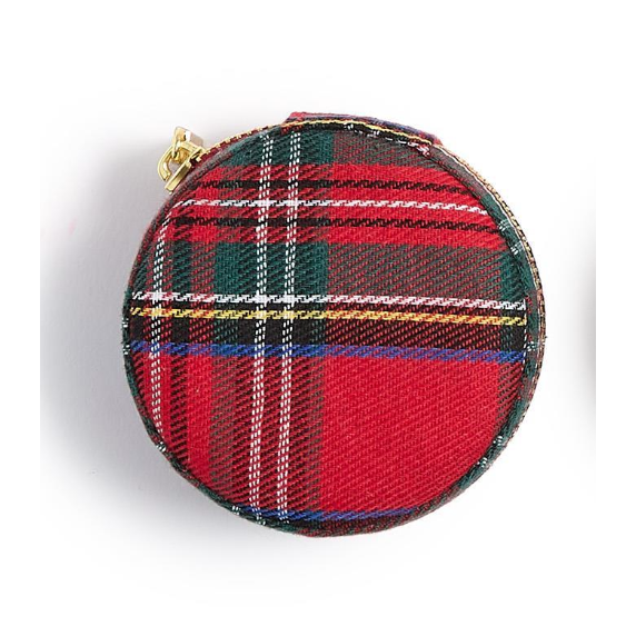 Round plaid coin purse with gold zipper on a white background