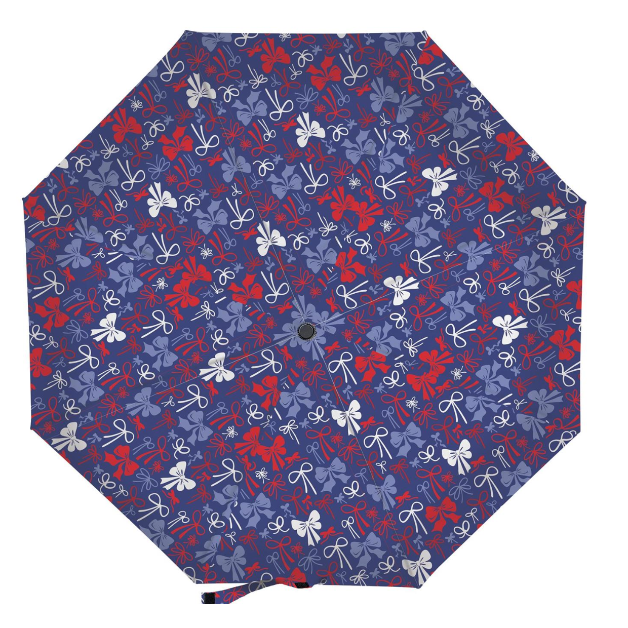 Umbrella with red, white, and blue bow pattern on a blue background