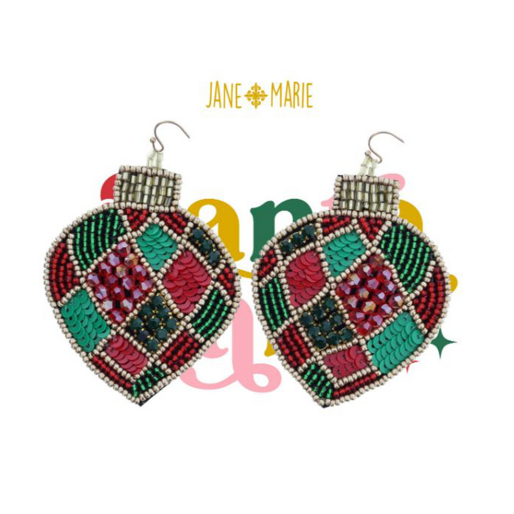 Red, Green, Gold Sequin and Beaded Christmas Ornament Earrings