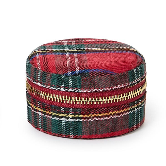 Plaid fabric box with a zipper on a white background