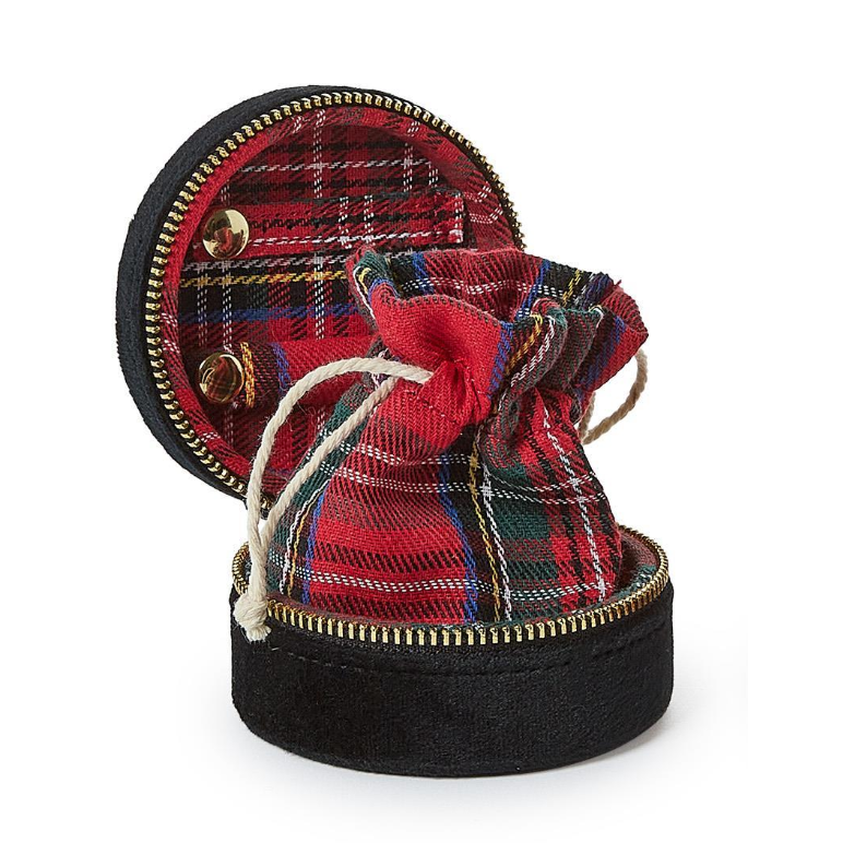 Red plaid drawstring bag inside a black zippered container on a white background