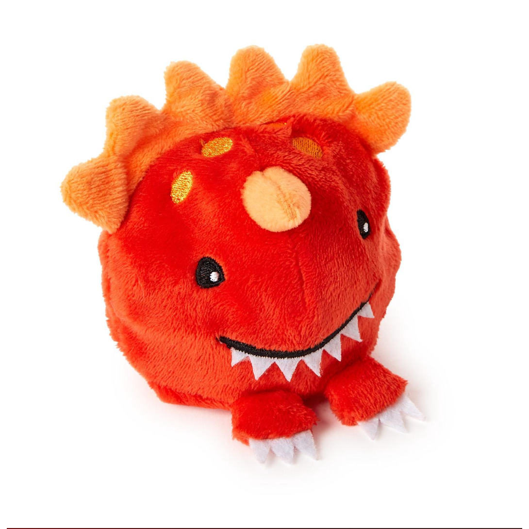 Red plush toy with orange spikes on a white background