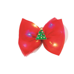Red bow with LED lights and a Christmas tree design on a white background