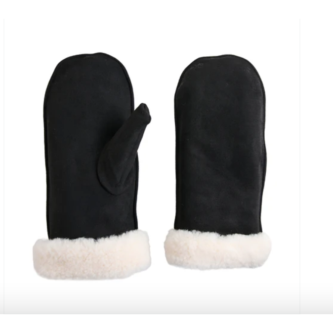 A pair of black winter mittens with soft white faux-shearling trim at the cuff, shown against a plain white background.