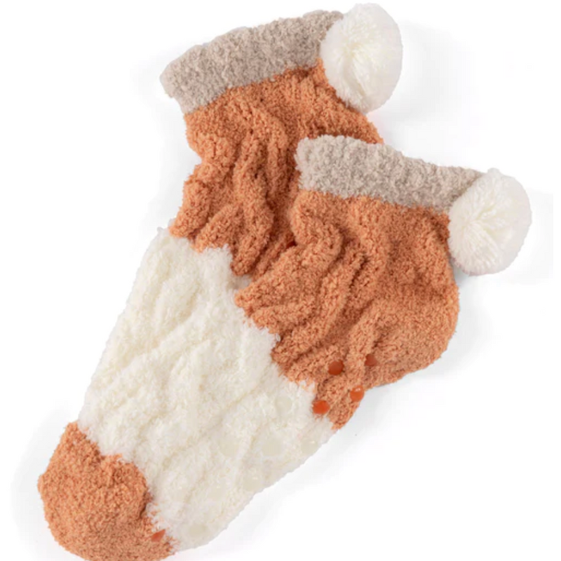 Rust Color Block Socks with Pom Poms