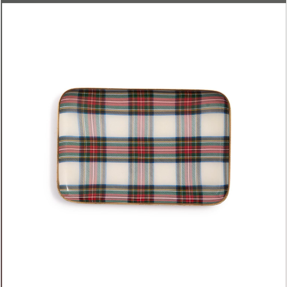 Rectangular platter with a red and green plaid pattern on a white background