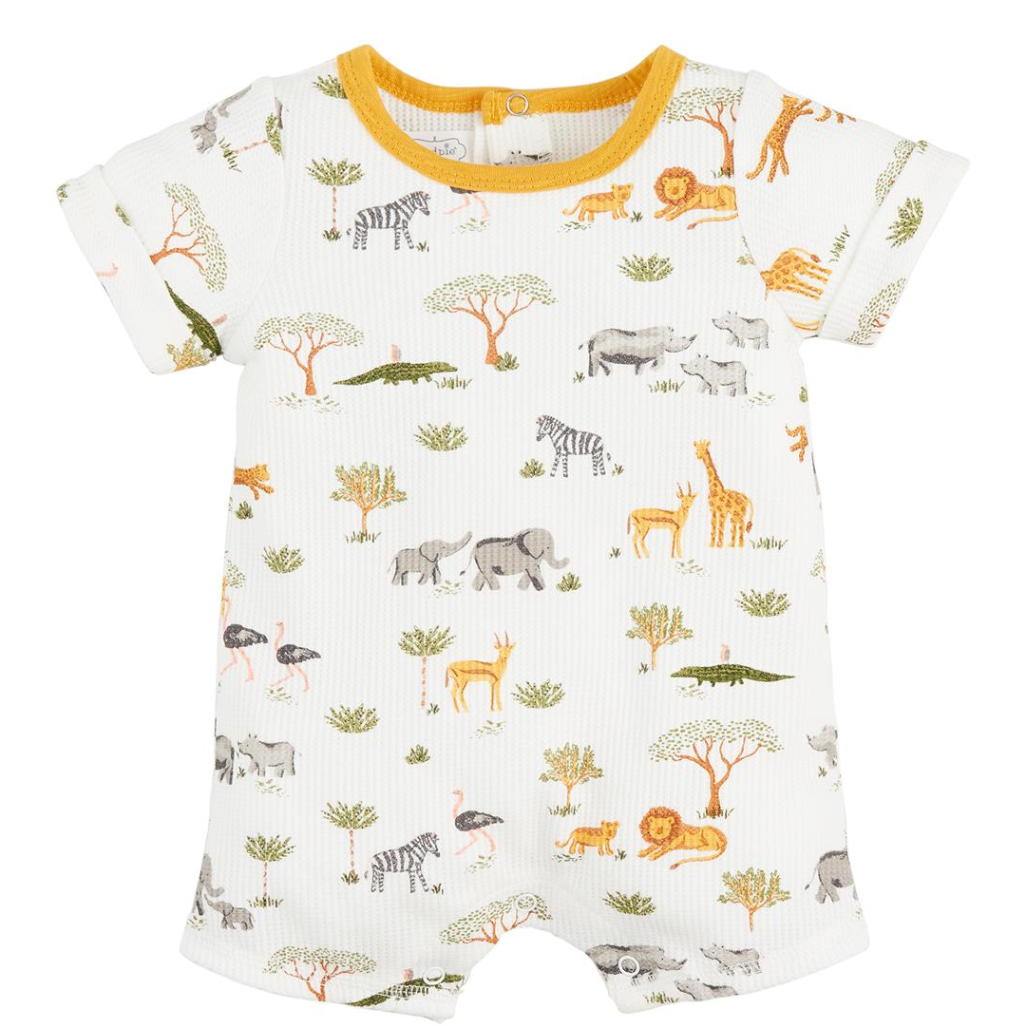 Baby onesie with safari animal print on a white background
