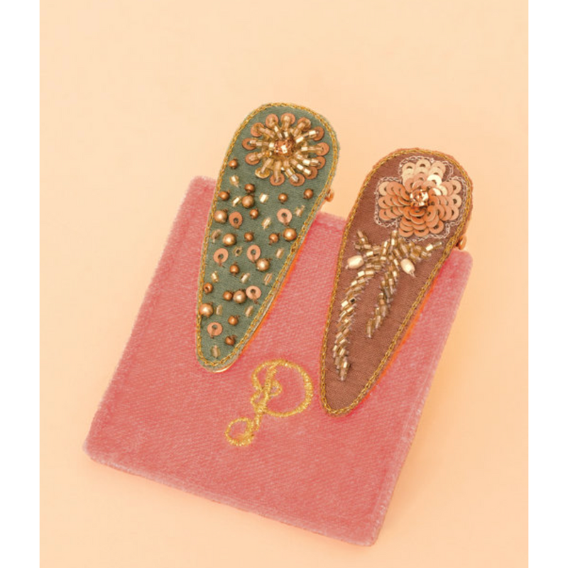 Sage and Taupe Jeweled Hair Clips