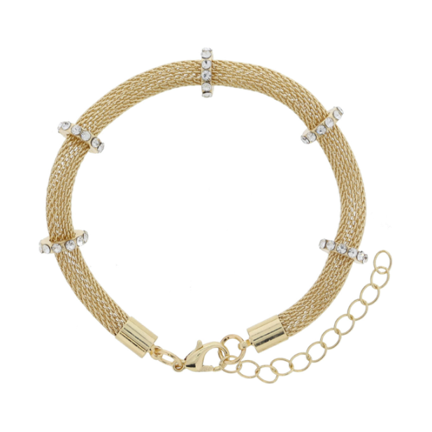 Gold Round Mesh Chain with Crystal Ring Stations Bracelet