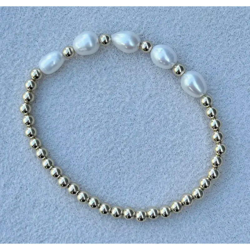 Gold Filled and Mother of Pearl Patterned Bracelet (5 Pearls + Gold)