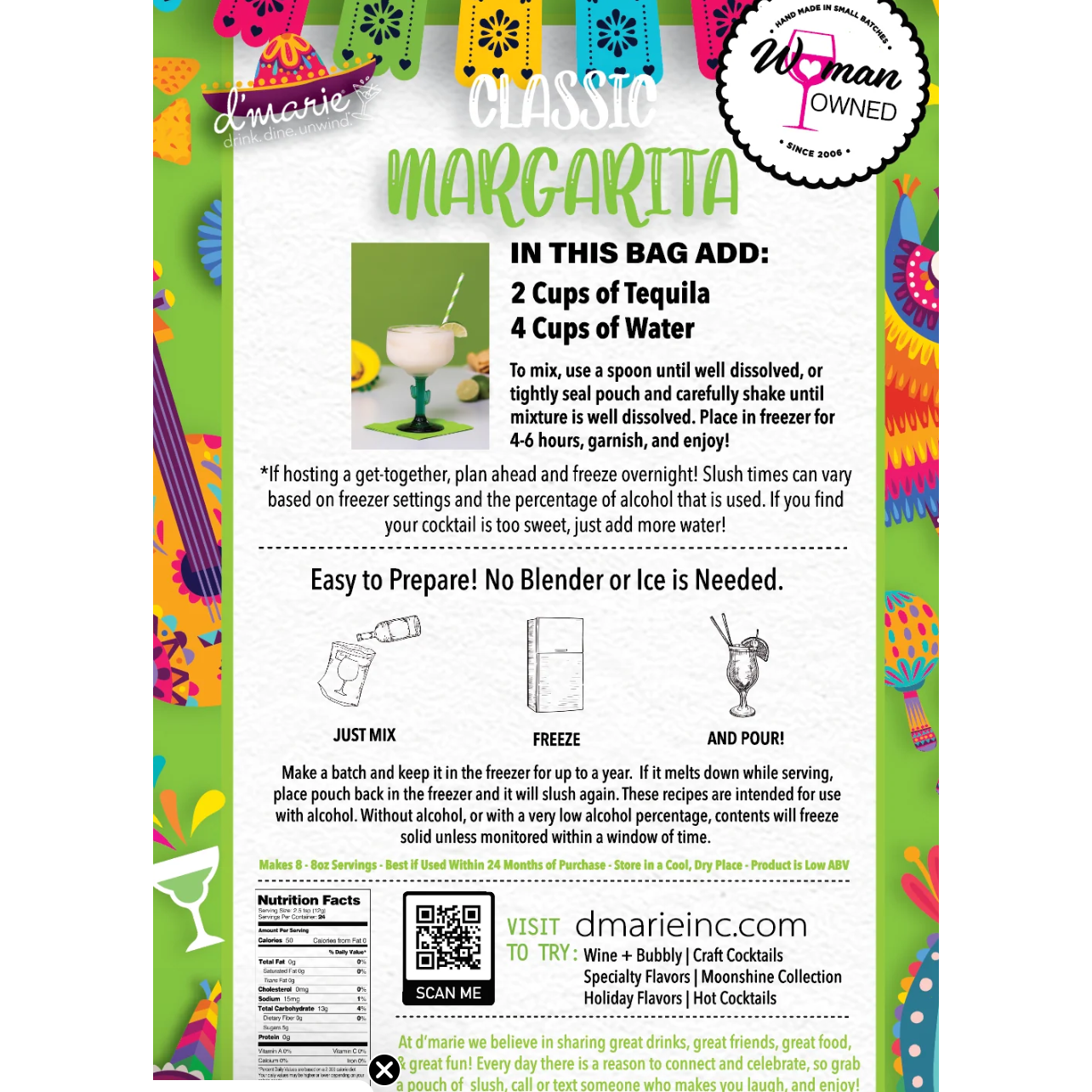 Margarita mix packaging with colorful design and text instructions.
