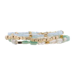 Jayne Set of 3 Gold, AB Mint, AB Light Blue, Gold Beaded Stretch Bracelet