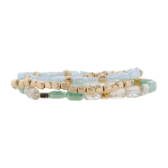 Jayne Set of 3 Gold, AB Mint, AB Light Blue, Gold Beaded Stretch Bracelet