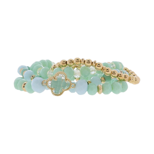 Set of 4 Mint, Light Blue, Gold beaded with Clear Crystal Quatrefoil Bracelet