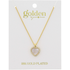 Shell Inlay Heart with Clear Crystal Outline 18K Gold Plated Necklace