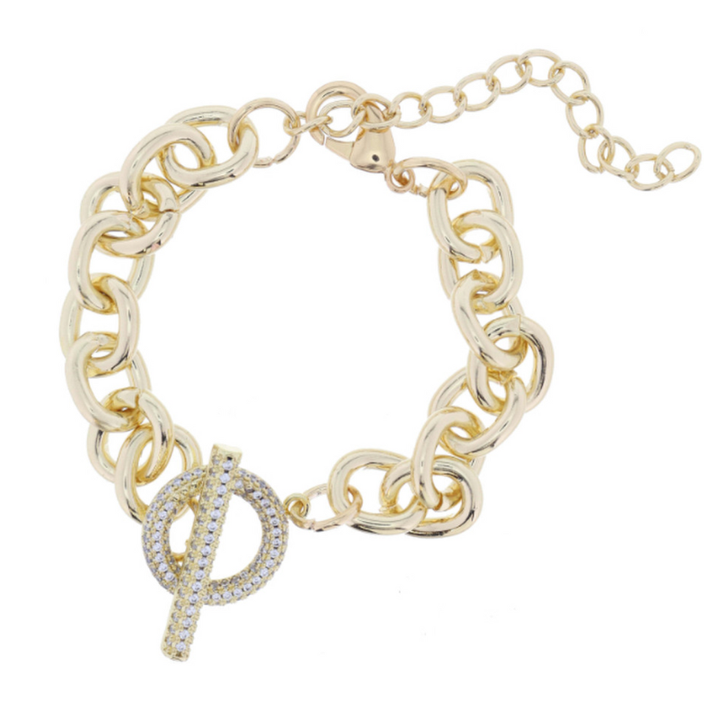Shiny Gold Chunky Cable Chain with Crystal Pave Toggle Bracelet