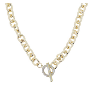 Shiny Gold Chunky Cable Chain with Crystal Pave Toggle Necklace