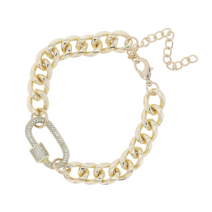 Shiny Gold Chunky Curb Chain with Crystal Pave Carabiner Bracelet